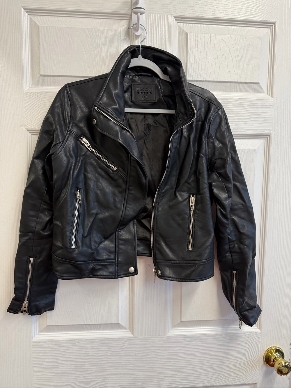 Blank NYC Black Faux Leather Moto Jacket with Silver Hardware FLAWED